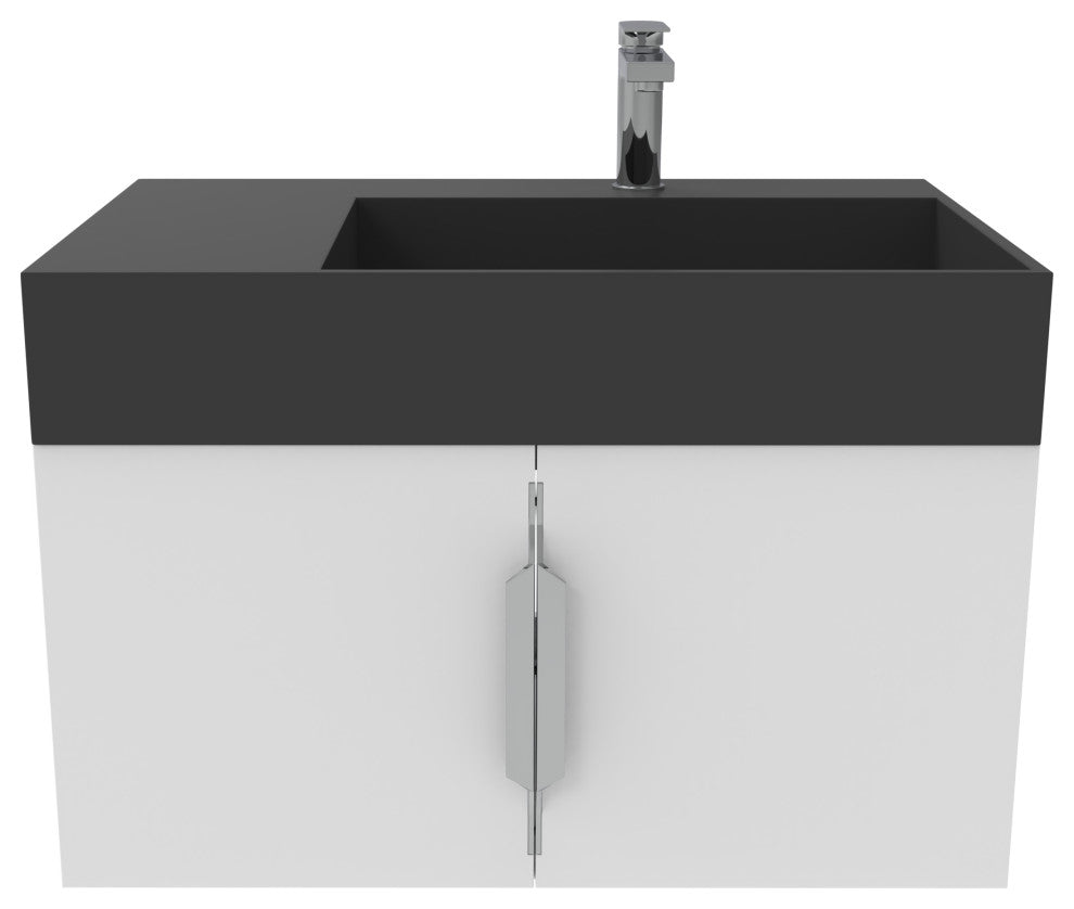 CastelloUSA Amazon 30" Right Wall Mounted Bathroom Vanity Set, White, Black Top, Brushed Nickel