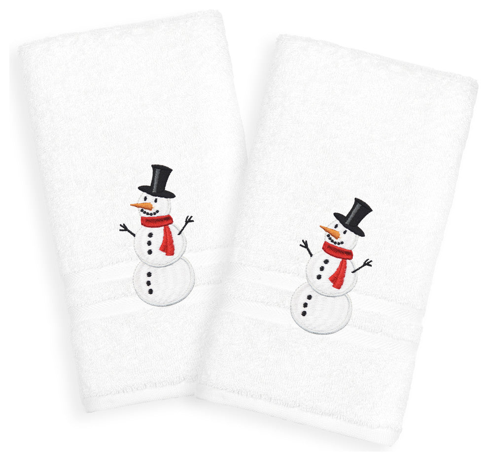 Embroidered Snowman Cotton Denzi Hand Towels, Set of 2, White