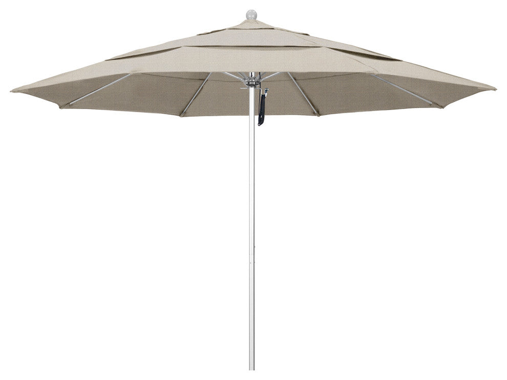 11' Silver Anodized Pulley Lift Fiberglass Rib Aluminum Umbrella, Olefin, Woven Granite