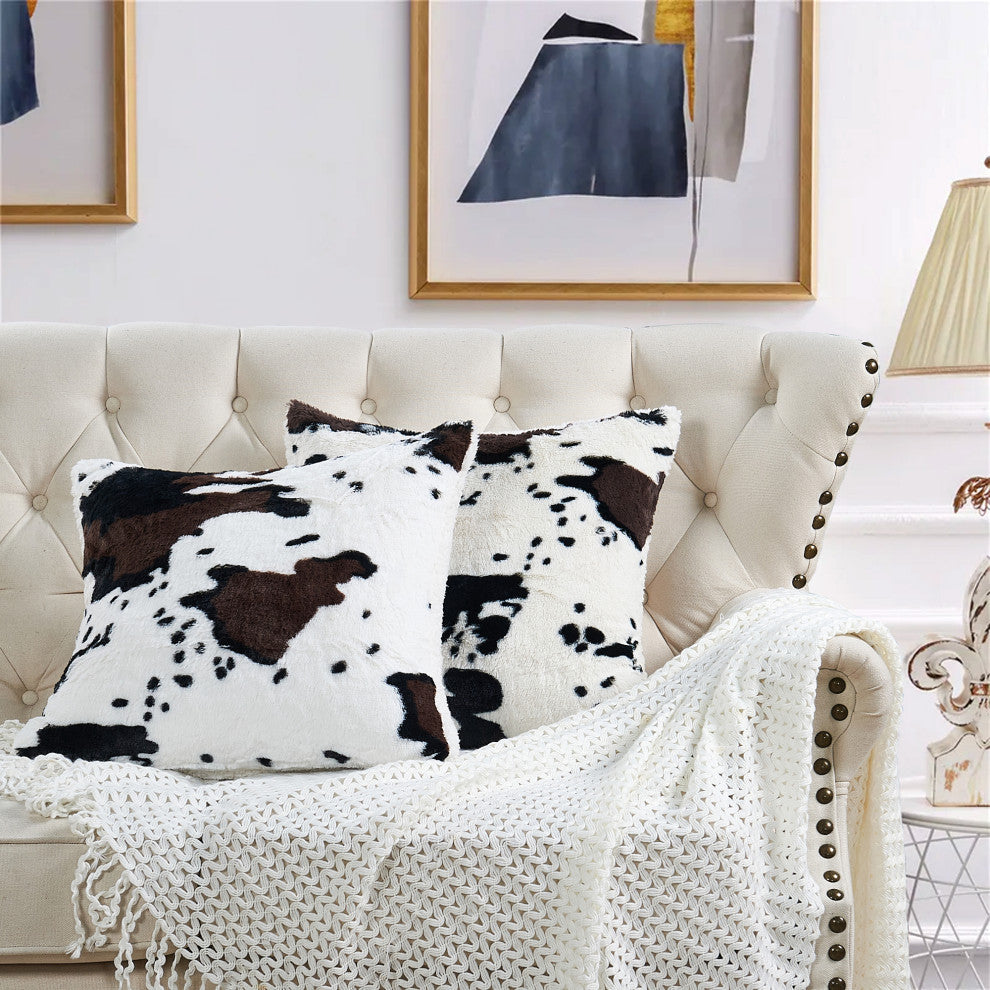Cow Printed Faux Fur Pillow Shell 2 Piece Set, Black / White