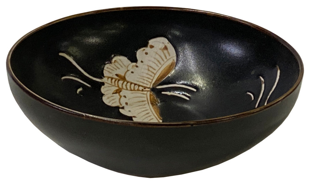 Chinese Ware Brown Black Glaze Butterflies Ceramic Bowl Cup Display Hws3157