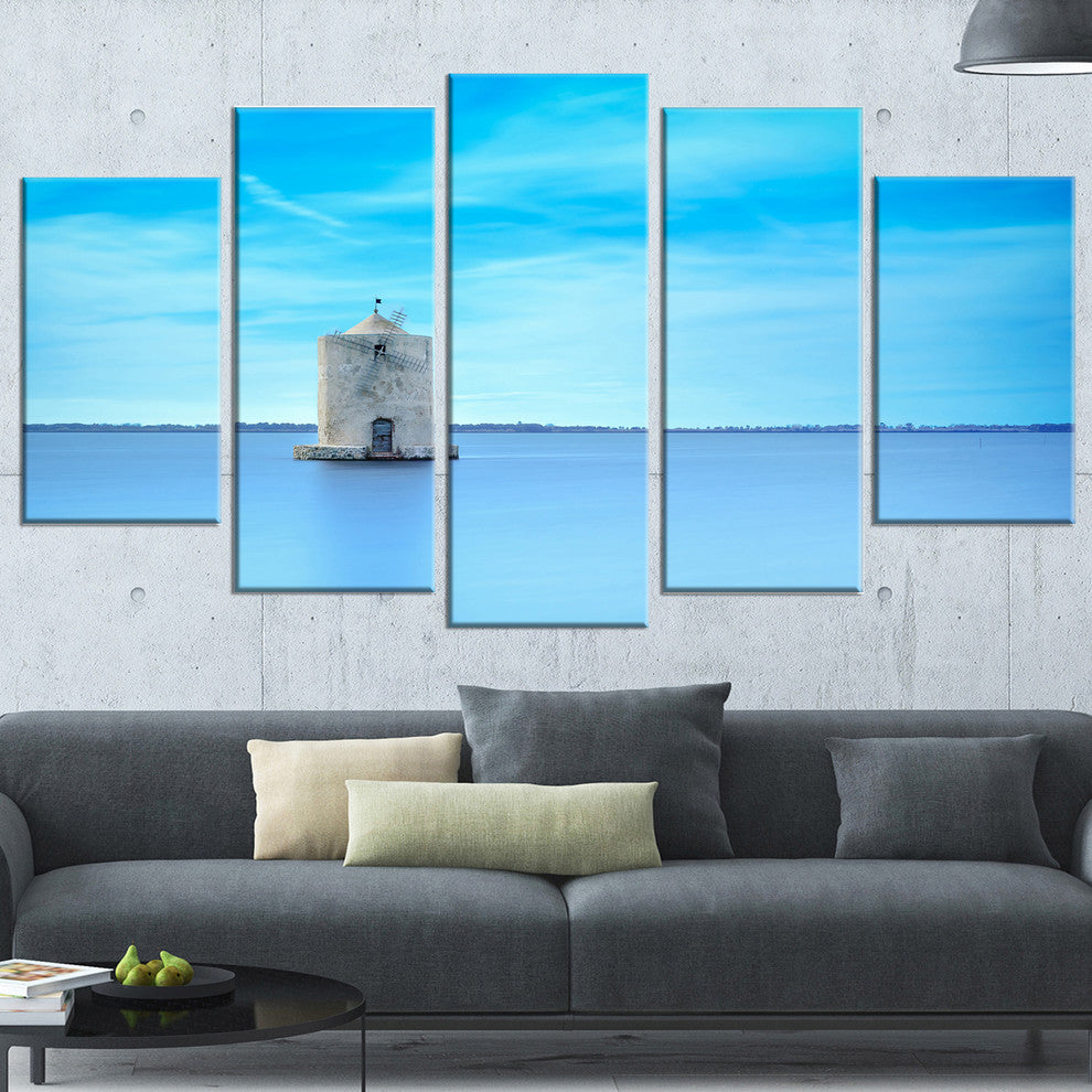 "Old Spanish Windmill in Blue Lagoon" Seashore Wall Art, 5 Panels, 60"x32"