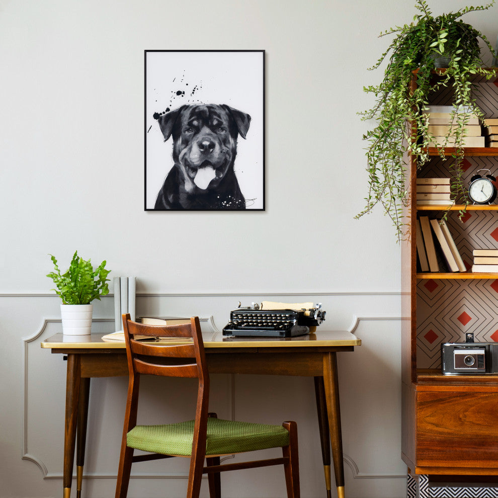 "Rottweiler" Black and White Pet Art on Printed Glass with Anodized Frame
