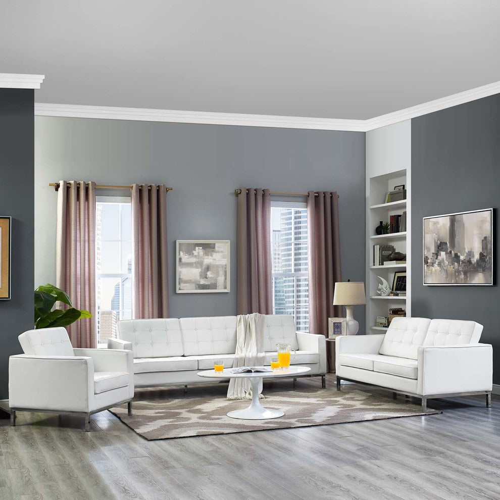 Modern Armchair and Loveseat Sofa Set, Genuine Leather, White