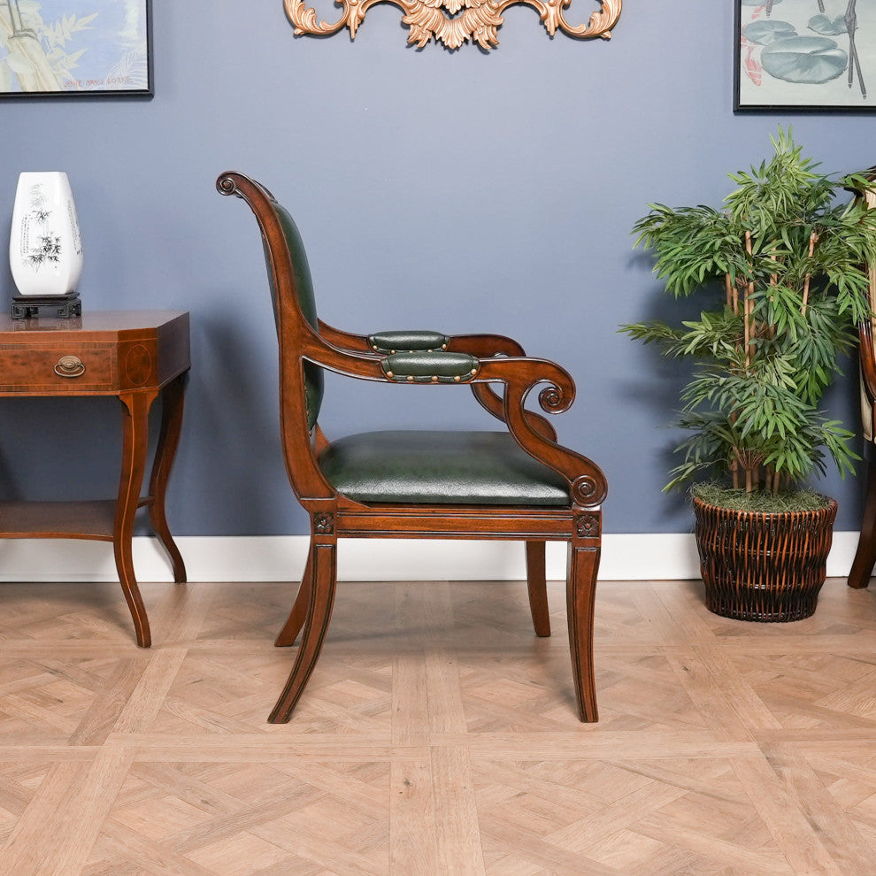 Regency Green Leather Arm Chair