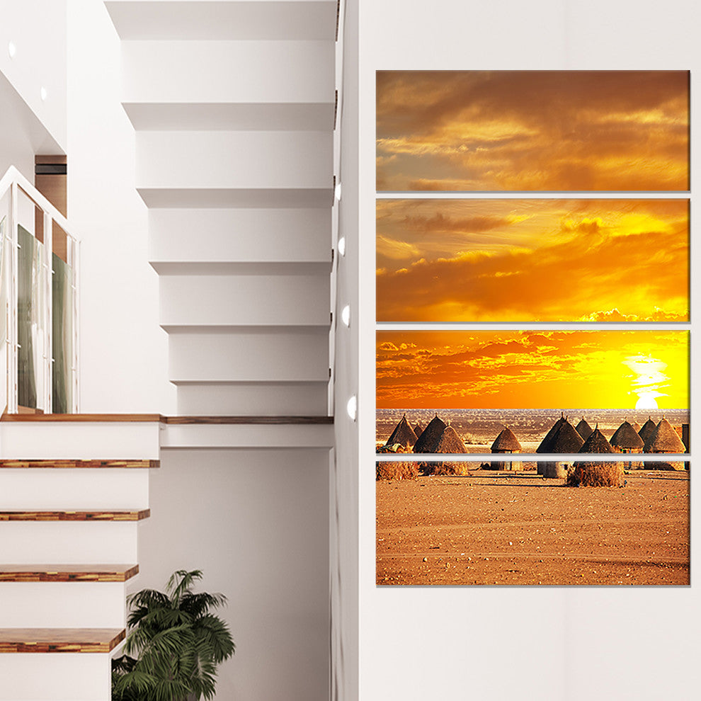 Colorful African Village Huts View, Landscape Canvas Art, 28"x48", 4 Panels