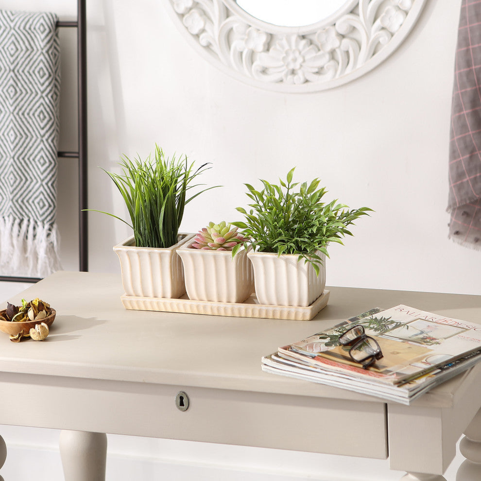 White Square Ceramic Small Planter (Set of 3)