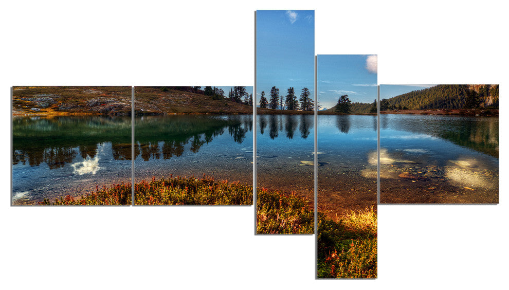 Calm Mountain Lake and Clear Sky, Landscape Canvas Art Print, 60"x32", 5 panels