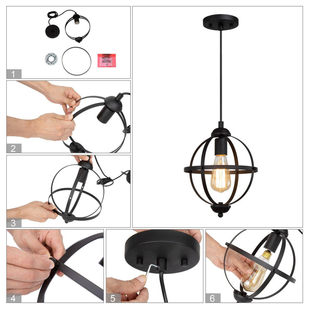 LNC 9.5 Inch 1-Light Industrial Black Globe Cage Pendant Light