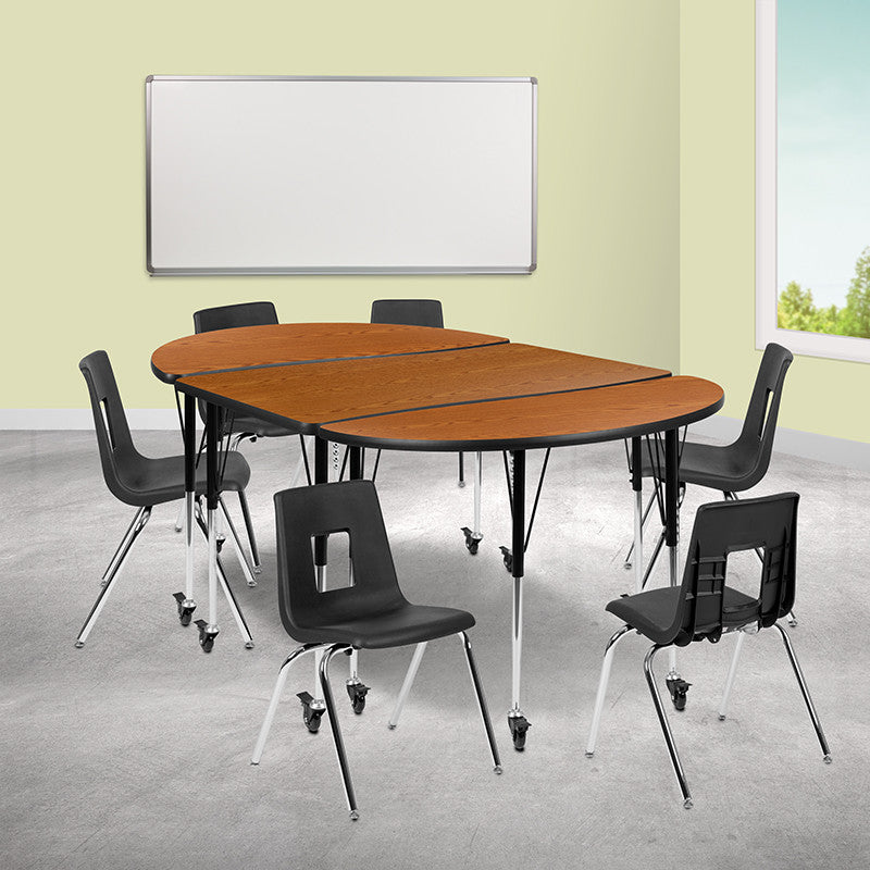 76" Oval Wave Flexible Laminate Activity Table Set, 18" Student Stack Chairs Oak