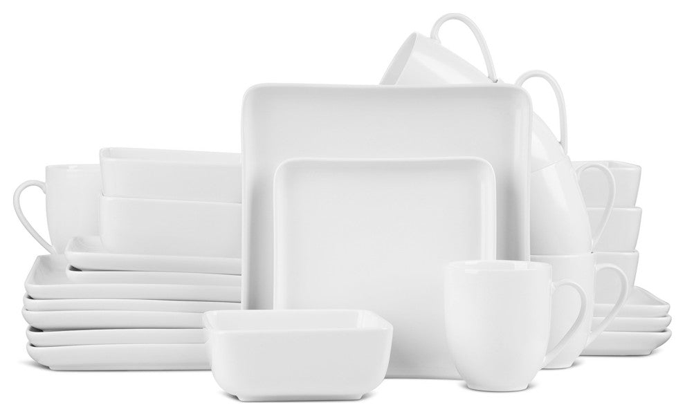 Stone Lain Amy Porcelain Plates and Bowls Sets, 24 Piece Dinnerware Set, White