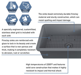 32in Undermount Single Bowl Fireclay Kitchen Sink with Grid and Drainer, Matte Gray