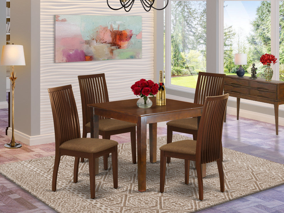 5Pc Dining Set Includes Square Dinette Table, Four Seat Dining Chairs, Mahogany