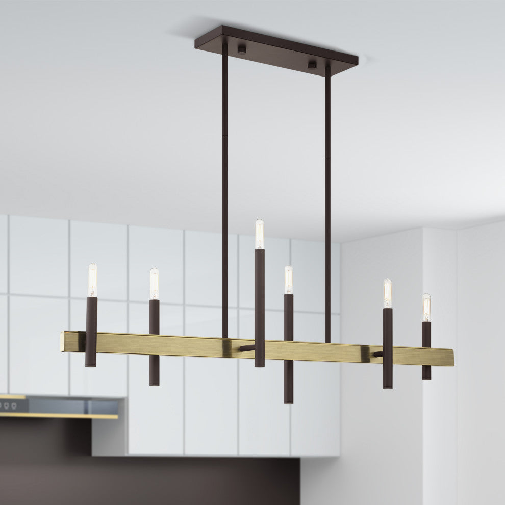 Livex Lighting Denmark 6 Light Bronze, Antique Brass Accents Linear Chandelier