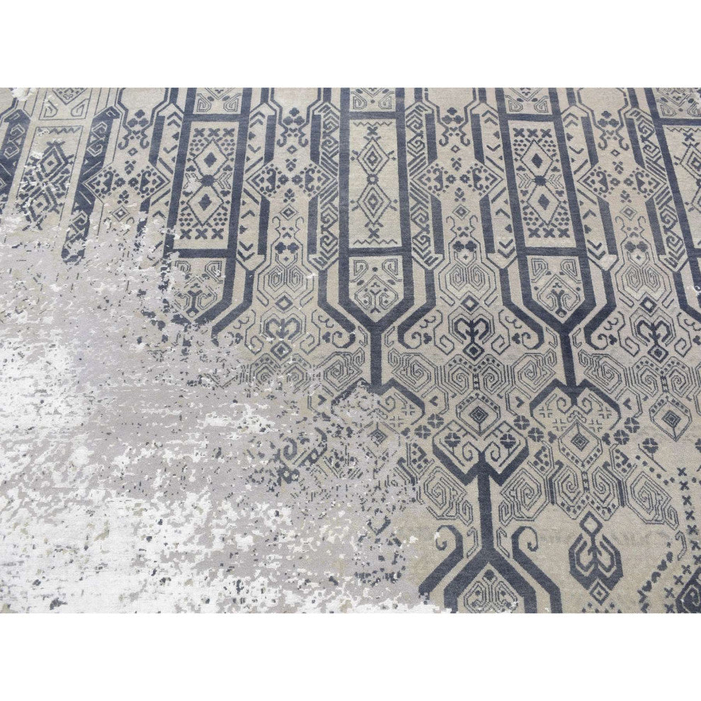 Gray, Broken and Erased Design, Art Wool and Silk Hand Knotted Rug, 8'x9'10"