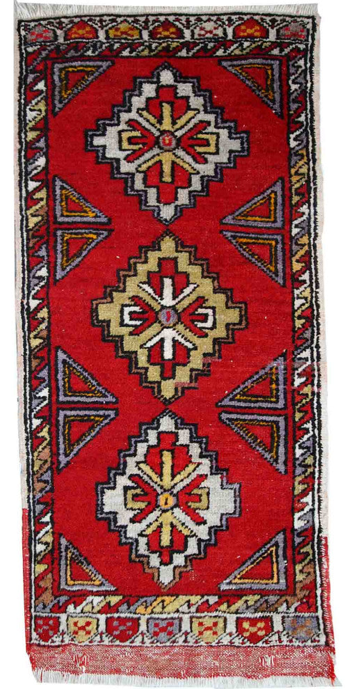 Handmade vintage Turkish Yastik rug 1.6' x 3.5' (48cm x 107cm) 1950s