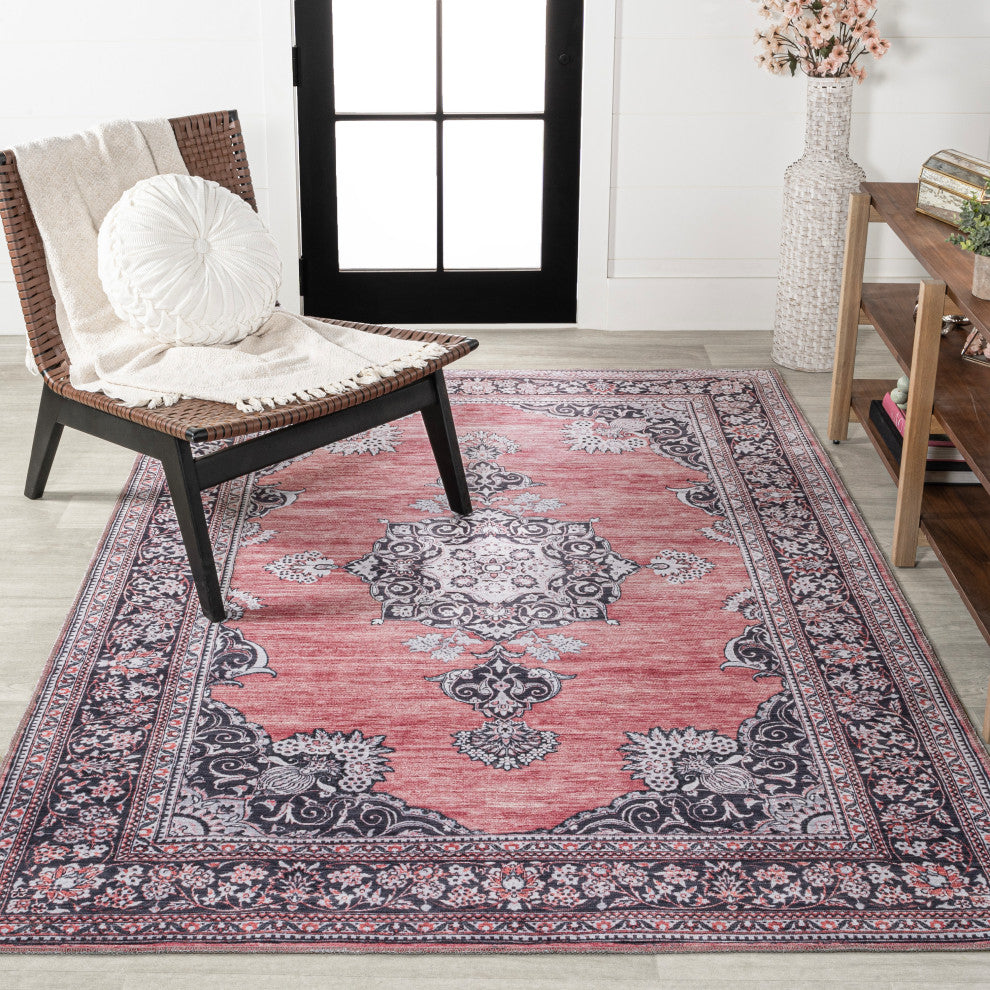 Bausch Distressed Chenille Washable Dark Pink/Black/White 5 ft. x 8 ft. Area Rug