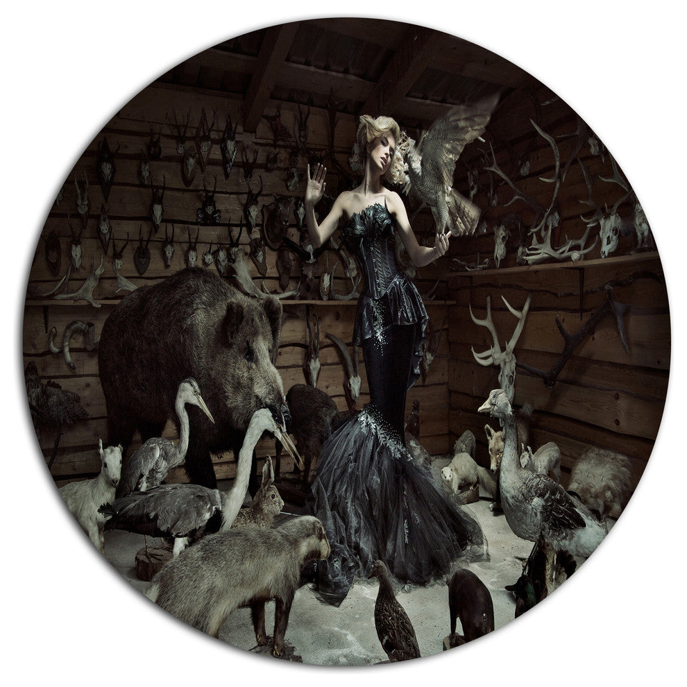 Woman Among Wild Animals, Animal Round Wall Art, 11"