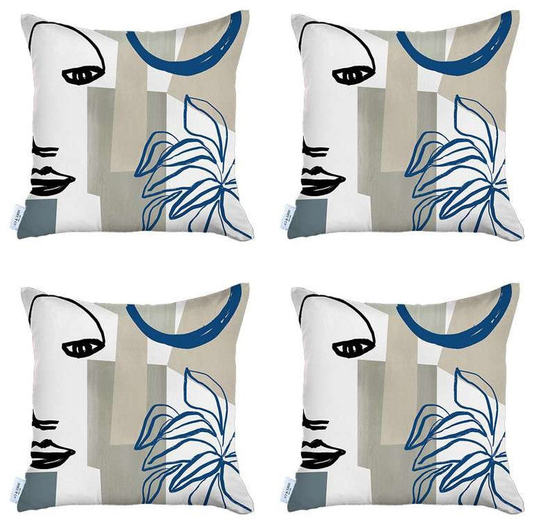 Set of 4 Blue and Ivory Printed Pillow Covers