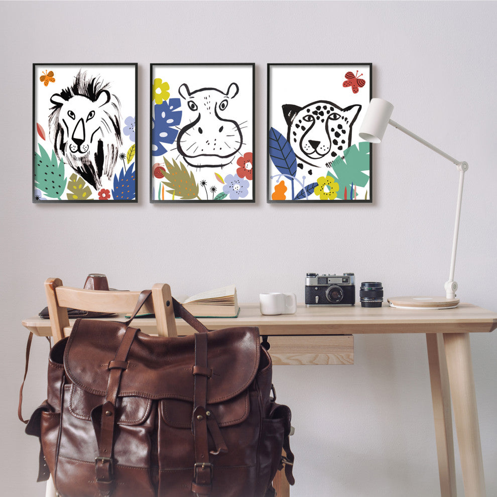 Jungle Animal Kingdom Colorful Kids Pet Illustration, 3pc, each 16 x 20
