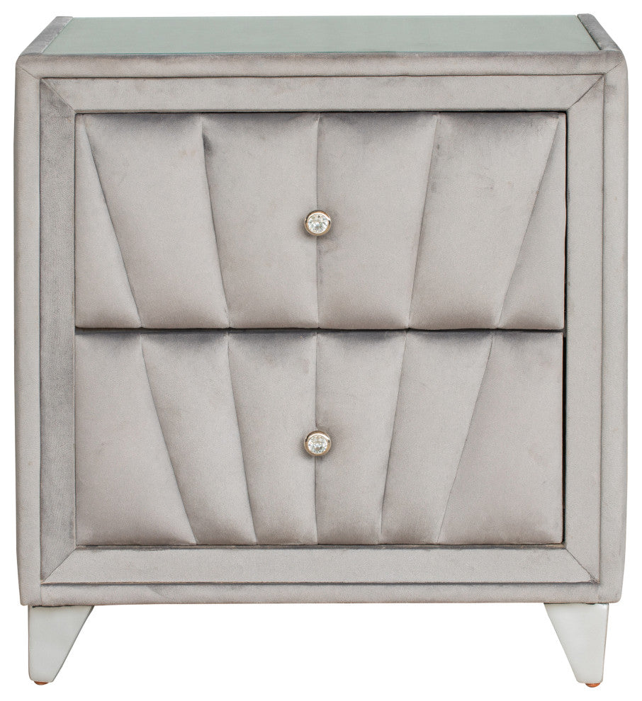 2-Drawer Wood Nightstand with Velvet Fabric and Glass Worktop, Silver Gray