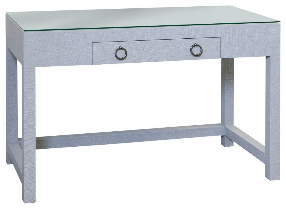 Bay St. Louis Woven Raffia Desk With Glass Top Shadow Gray, Silver Leaf