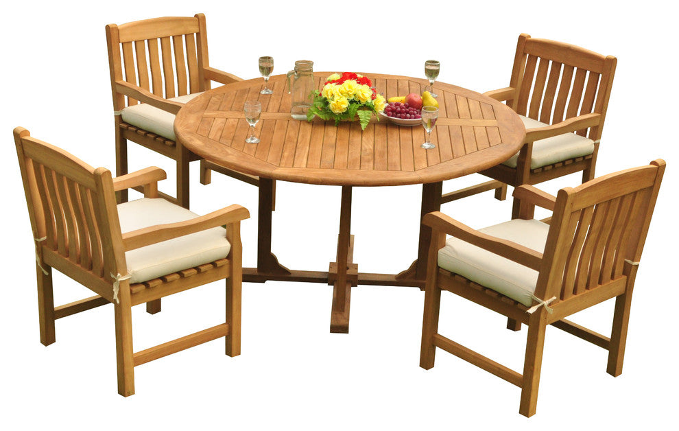 5-Piece Outdoor Patio Teak Dining Set, 60" Round Table, 4 Devon Arm Chairs