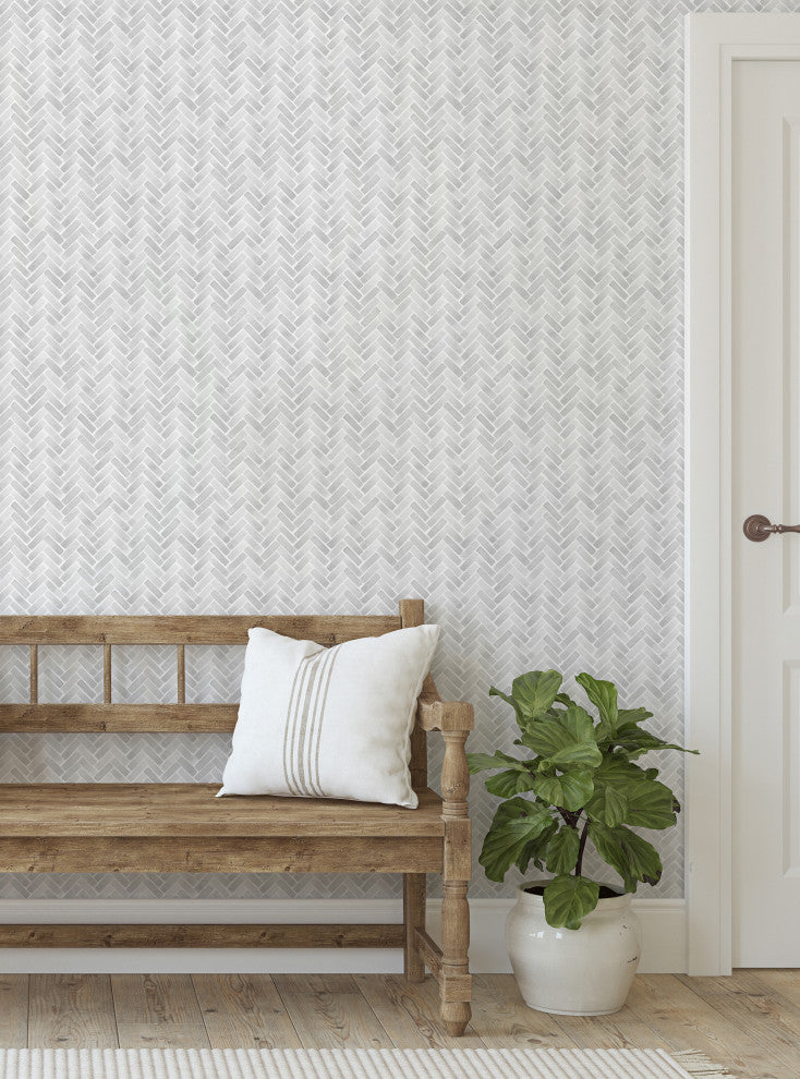 Watercolor Herringbone Peel and Stick Vinyl Wallpaper, Winter Grey, 24"w X 108"h