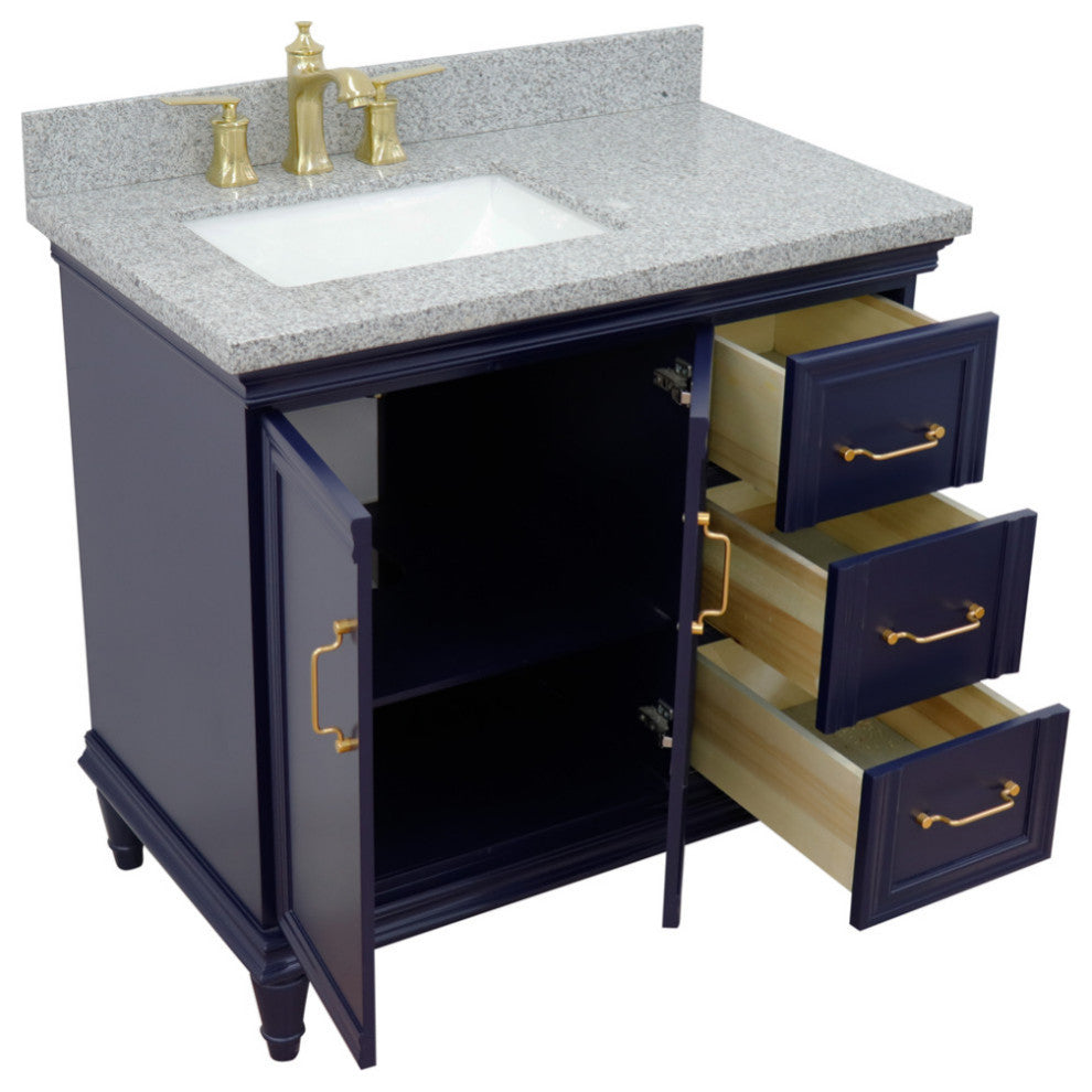 37" Single Vanity, Blue Finish With Gray Granite