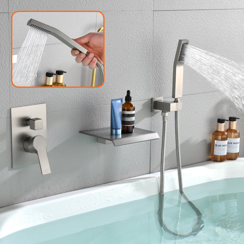 Wellfor Shower Faucet Set, Waterfall Tub Spout and Hand Shower, Brushed Nickel