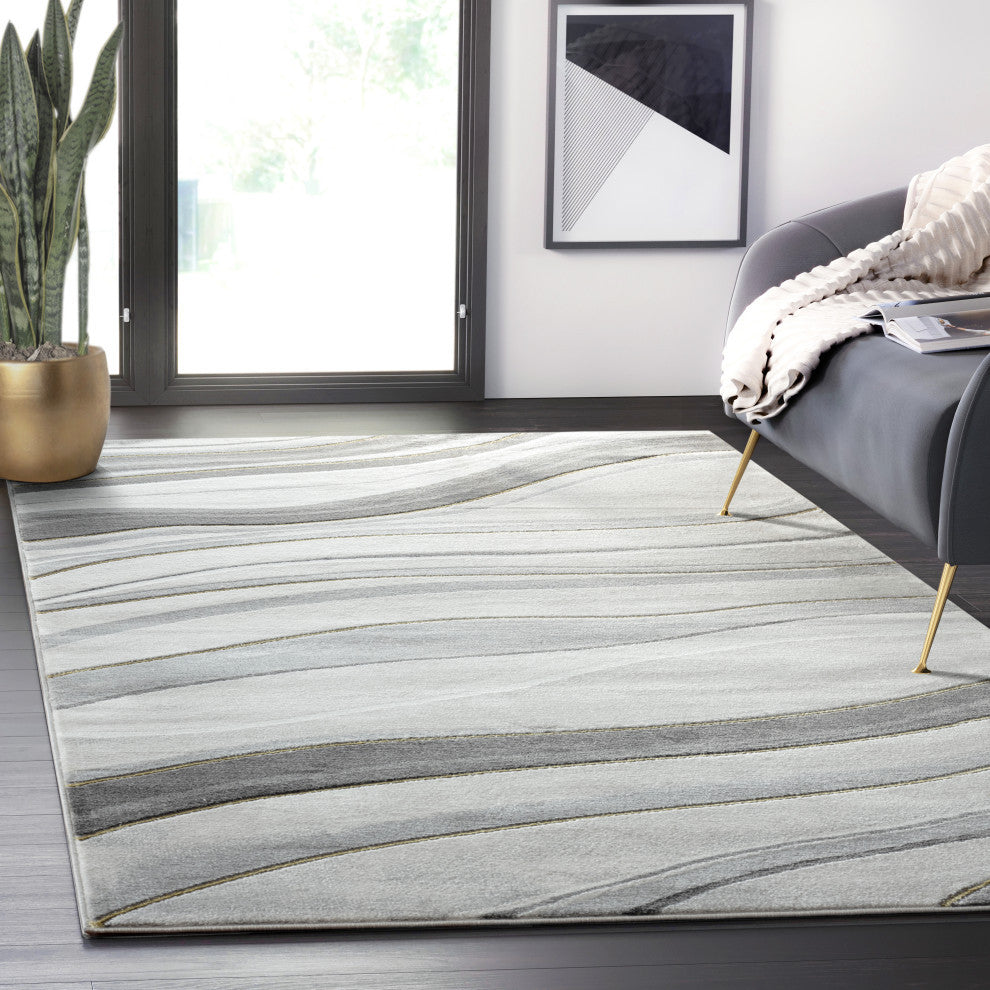 Abani Luna LUN120A Contemporary Grey Gold Line Art Area Rug