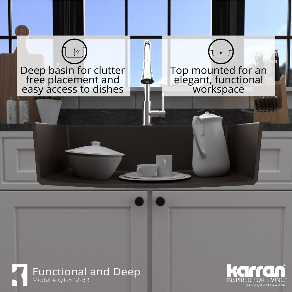 Karran QT-812 Top Mount 33" Large Single Bowl Quartz Kitchen Sink, Brown