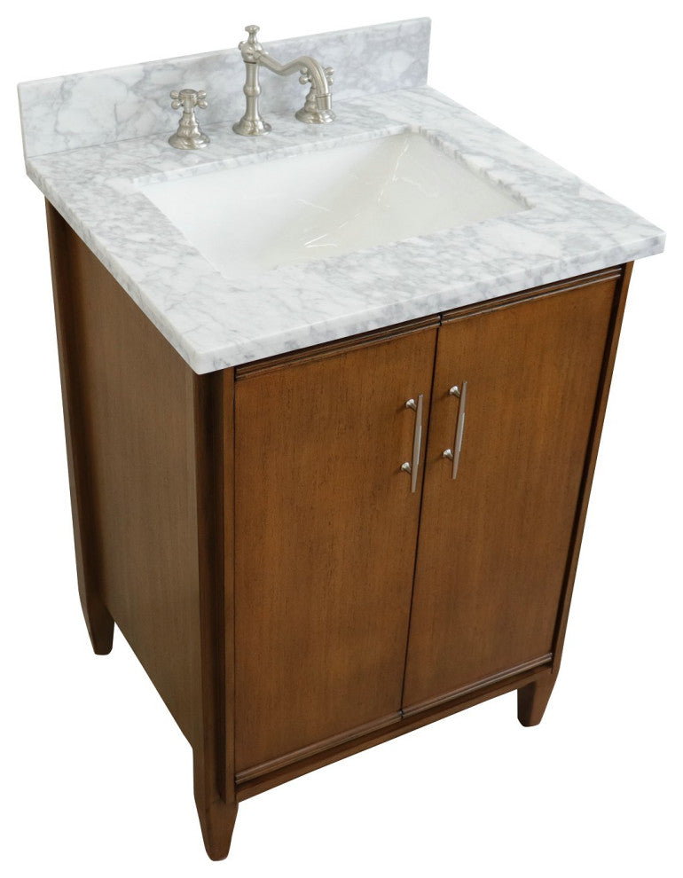 25" Single Sink Vanity, Walnut Finish With White Carrara Marble