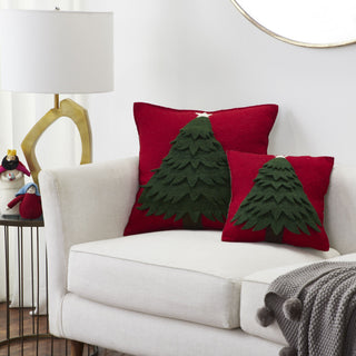 Handmade Christmas Pillow Cover in Hand Felted Wool - Tree on Red - 14", Pillow (Includes Insert)