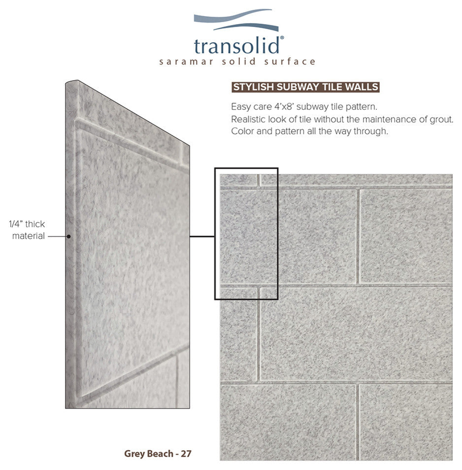 Transolid SaraMar 36"x36"x72" Glue to Wall 3-Piece Shower Wall Kit, Grey Beach
