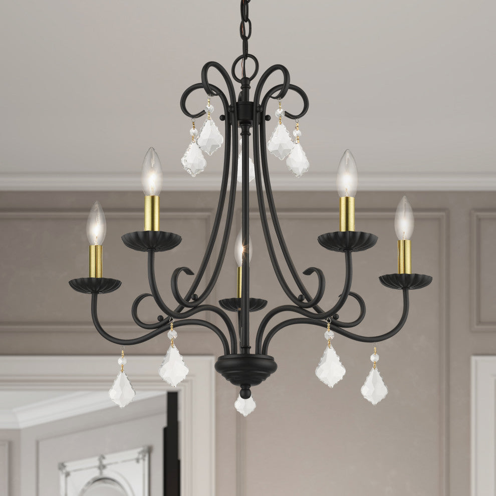 Daphne 5-Light Black Chandelier, Antique Brass Accents and Clear Crystals