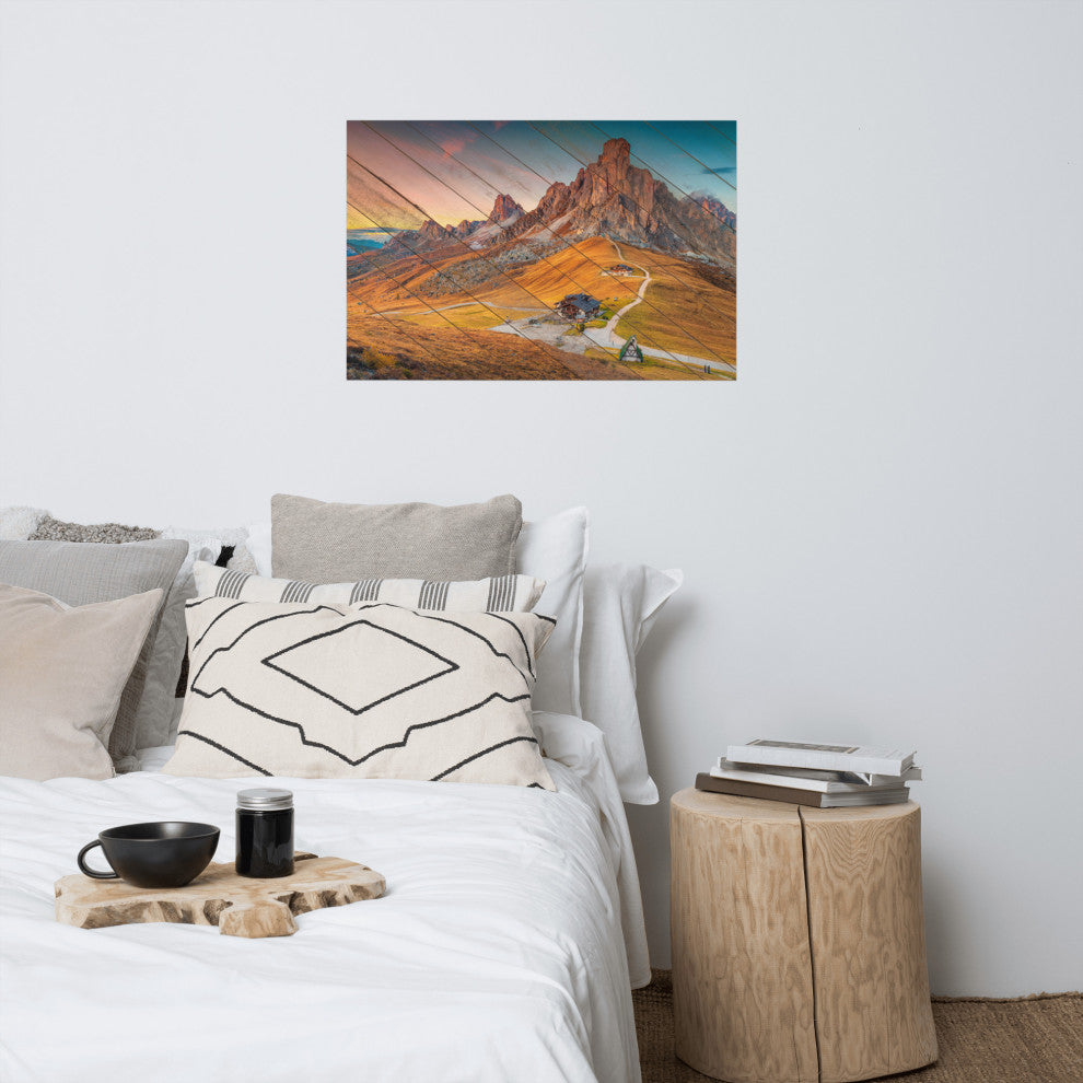 Faux Wood Majestic Sunset & Alpine Mountain Landscape Photo Wall Art Print, 24" X 36"