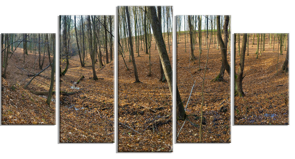 Woods in Fall Forest Panorama, Forest Canvas Art Print, 60"x32", 5 Panels