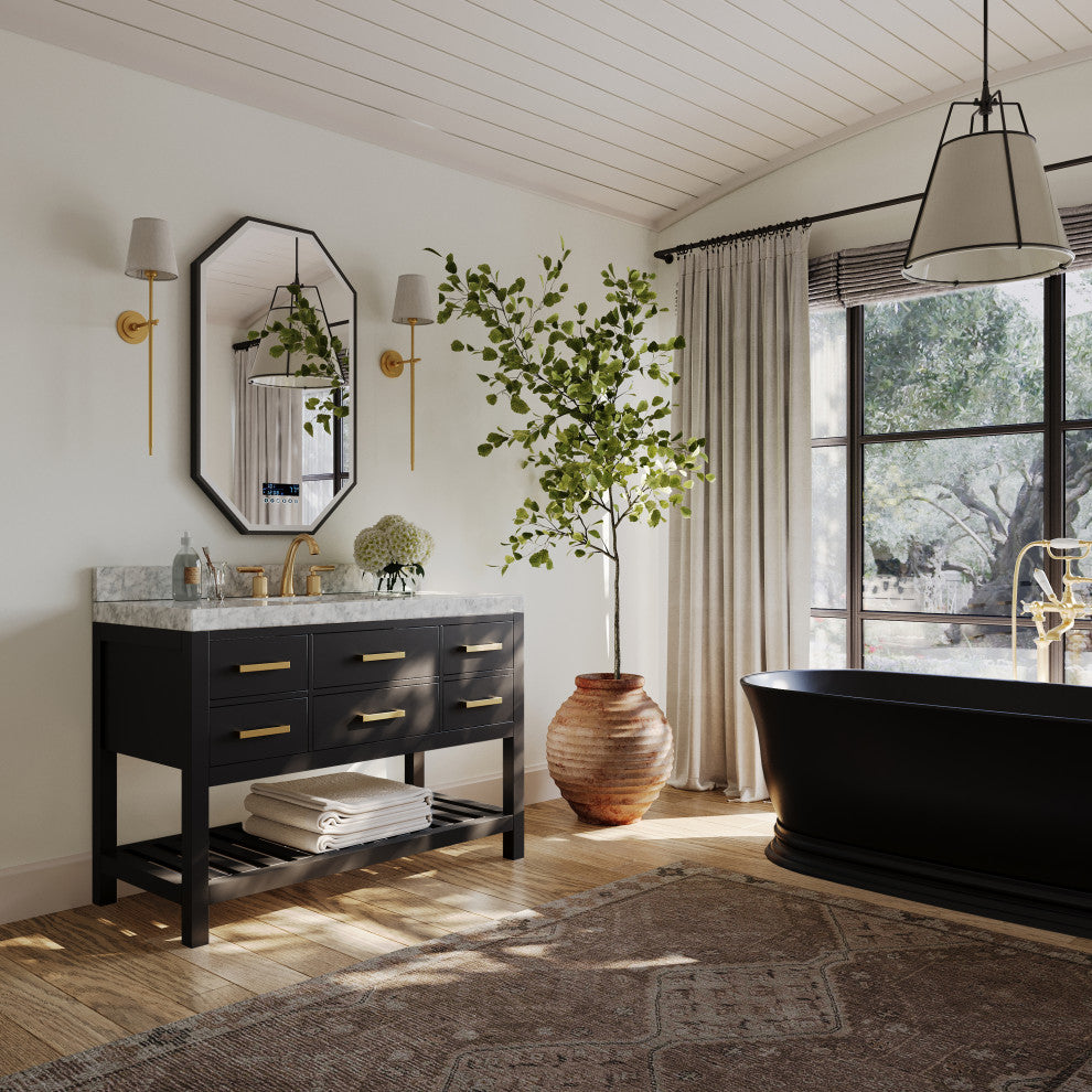 Elizabeth Bath Vanity, Black Onyx, 48", Gold Hardware, With Mirror