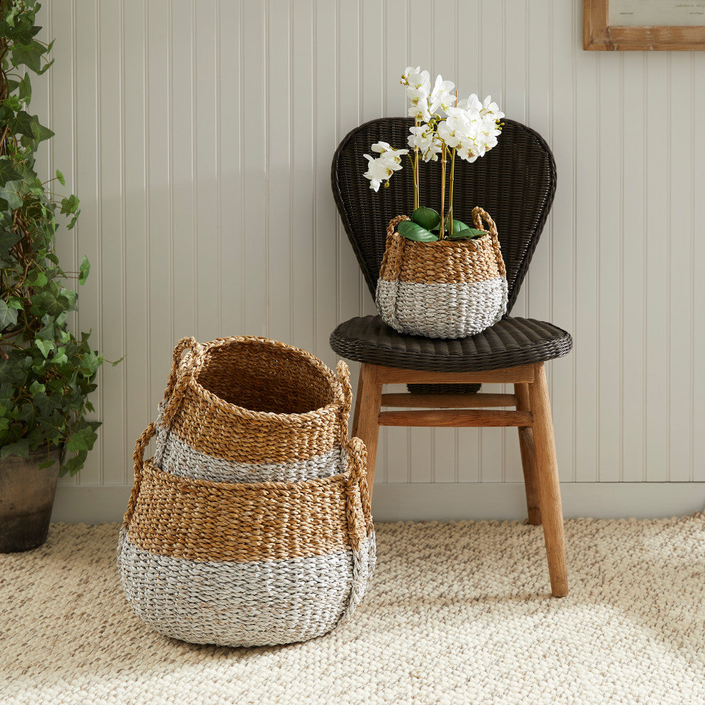 Set of 3 Two Tone Woven Sea Grass Storage Baskets Round White Natural 16 12 8 in