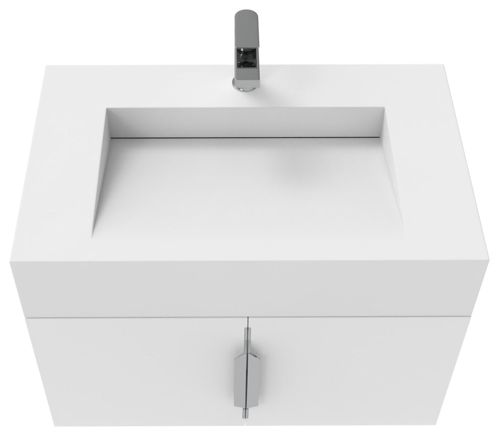 CastelloUSA Nile 30" Wall Mounted Bathroom Vanity Set, White, White Top, Brushed Nickel