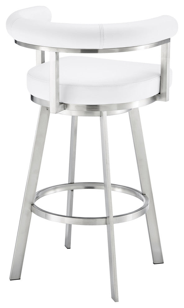 Nolagam Swivel Bar Stool, Brushed Stainless Steel With White Faux Leather