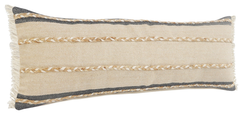 Atlantis Black and Taupe Throw Pillow with Jute Braiding and Fringe, 14" X 36"