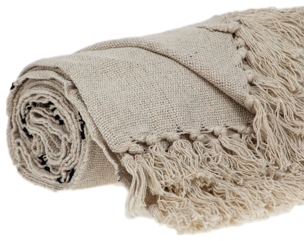 Classic Beige Woven Handloom Throw Blanket With Tassels