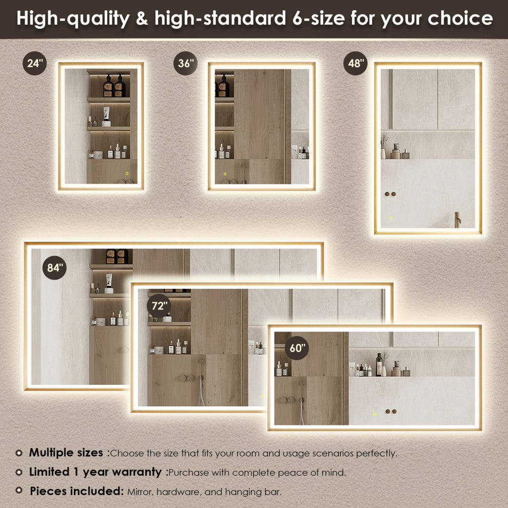 Apollo Anti-Fog Dimmable Vanity, LED Lighted Wall Mirror, Brushed Gold, 60"