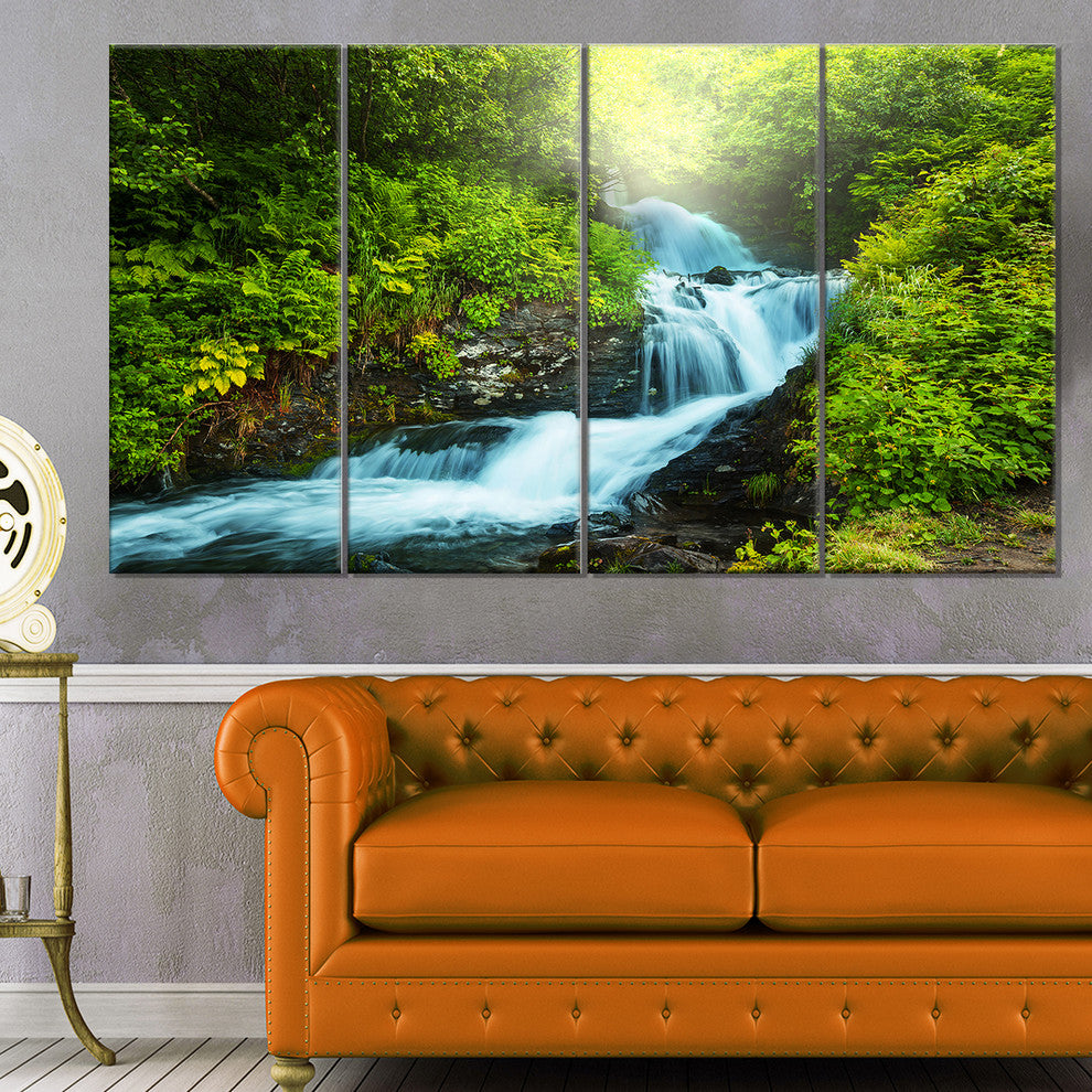 Blue Creek in Green Rain Forest, Landscape Canvas Art, 48"x28", 4 Panels