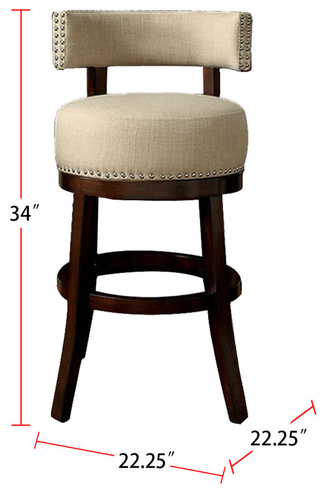 Set of 2 Fabric and Solid Wood 24" Bar Stool, Dark Oak, Beige