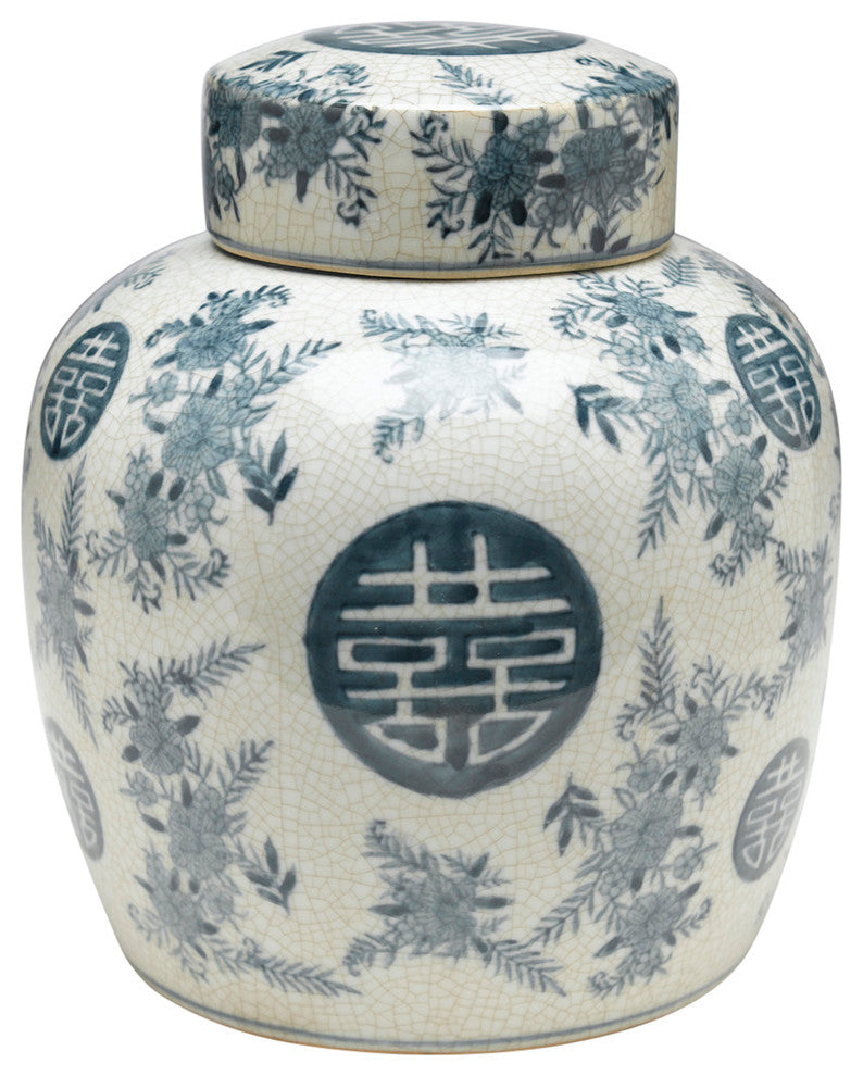 Blue and White Round Jar With Lid
