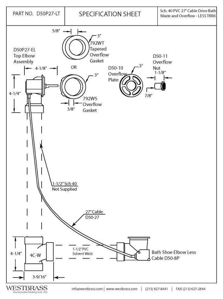 Sch. 40 PVC 27" Cable Drive Bath Waste, Stainless Steel
