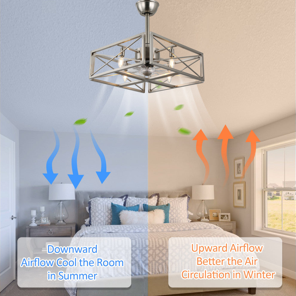 20" Cube Chrome Steel Caged Ceiling Fan With Lights, 4-Bulb With Remote Control